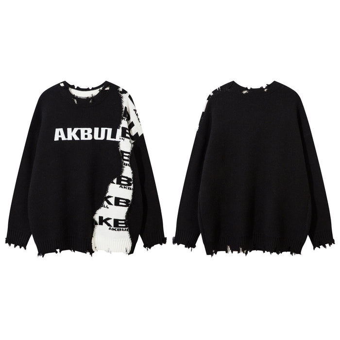 Black knit sweater shown from the front and back, featuring a white patterned side panel and raw edges