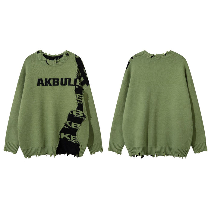 Olive green knit sweater shown front and back with black patterned side panel, logo lettering, and frayed trim