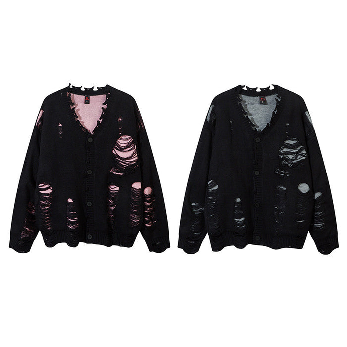 Two black distressed knit cardigans shown front-facing, with pink and gray exposed knit through ripped openings