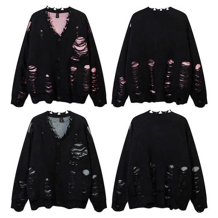 Four-view layout showing front and back of black distressed cardigans with pink or gray exposed knit details