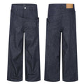 Dark indigo wide-leg jeans shown from front and back, featuring a layered double waistband and diagonal pocket panel