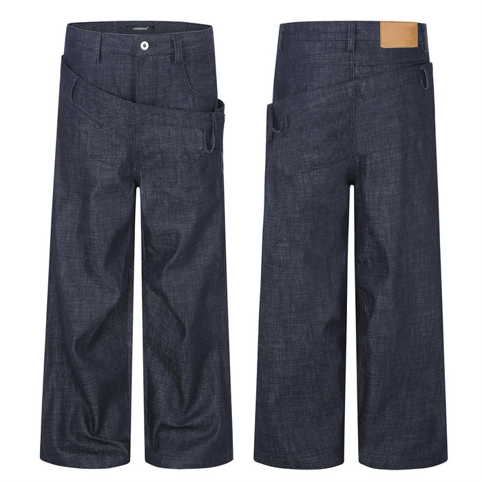 Dark indigo wide-leg jeans shown from front and back, featuring a layered double waistband and diagonal pocket panel