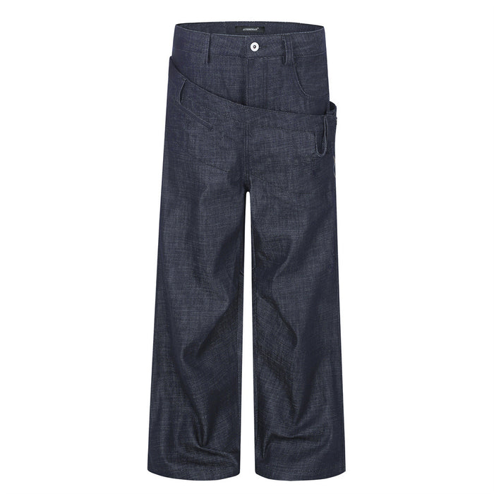 Men's dark navy double waistband wide-leg baggy jeans with diagonal splice panel, front and back view