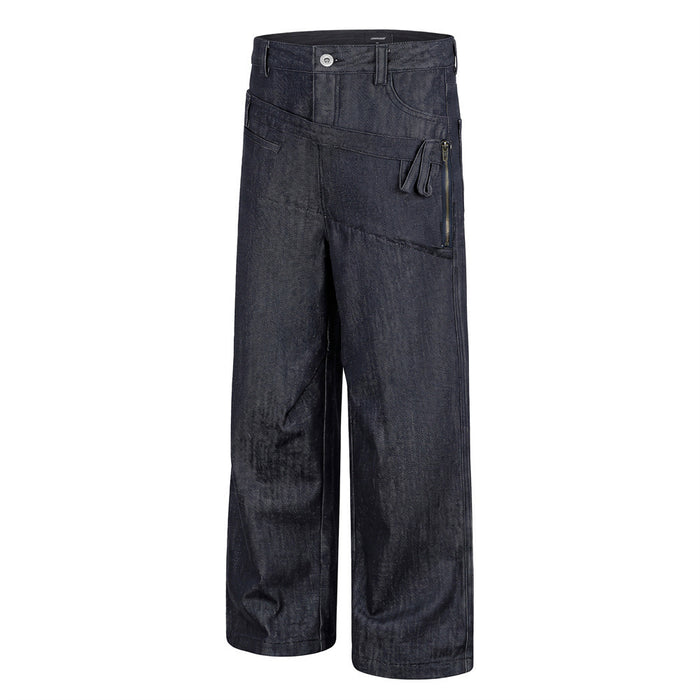 Dark indigo wide-leg jeans in a front three-quarter view with diagonal pocket detailing and side zipper accents