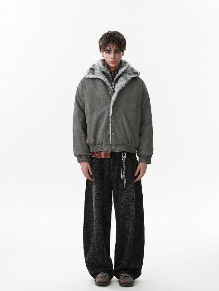 Oversized faux fur collar corduroy padded bomber jacket in washed grey, front view