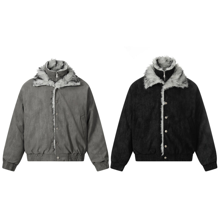 Gray and black faux fur collar bomber jackets shown from the front with snap closures and ribbed hems