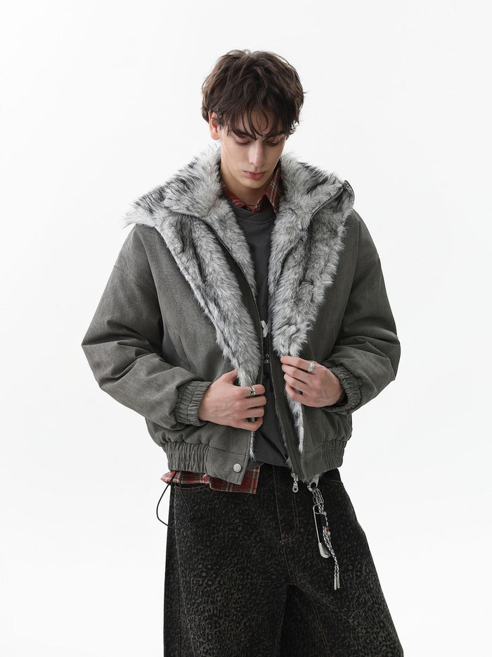 Model wearing the gray faux fur collar bomber jacket open, showing the plush fur lining and ribbed cuffs