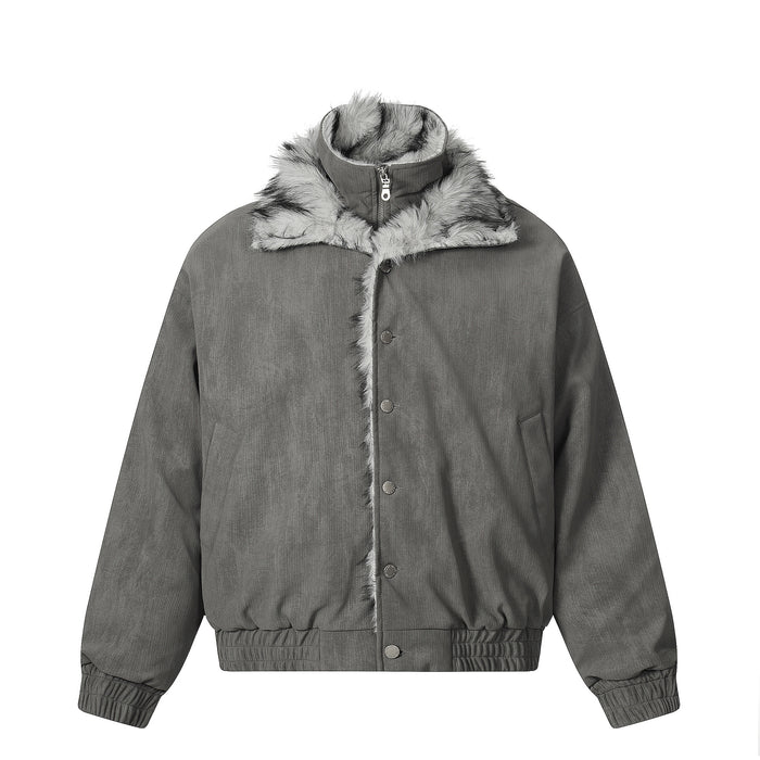 Gray faux fur collar bomber jacket shown from the front with snap closures, side pockets, and ribbed cuffs