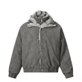 Gray faux fur collar bomber jacket shown from the front with snap closures, side pockets, and ribbed cuffs