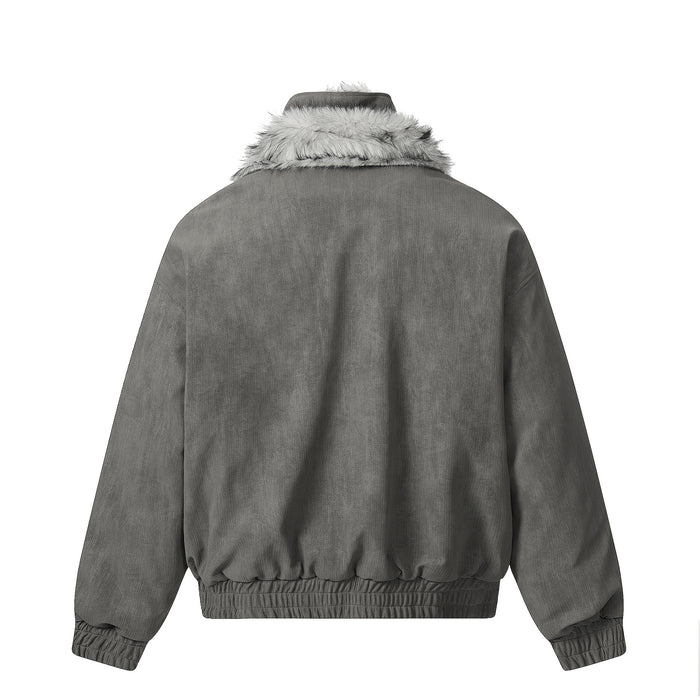 Back view of the gray faux fur collar bomber jacket with a ribbed hem and plush collar