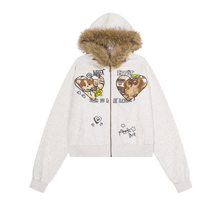 Heather grey cropped zip-up hoodie with faux fur hood trim and embroidered cartoon puppy heart patches