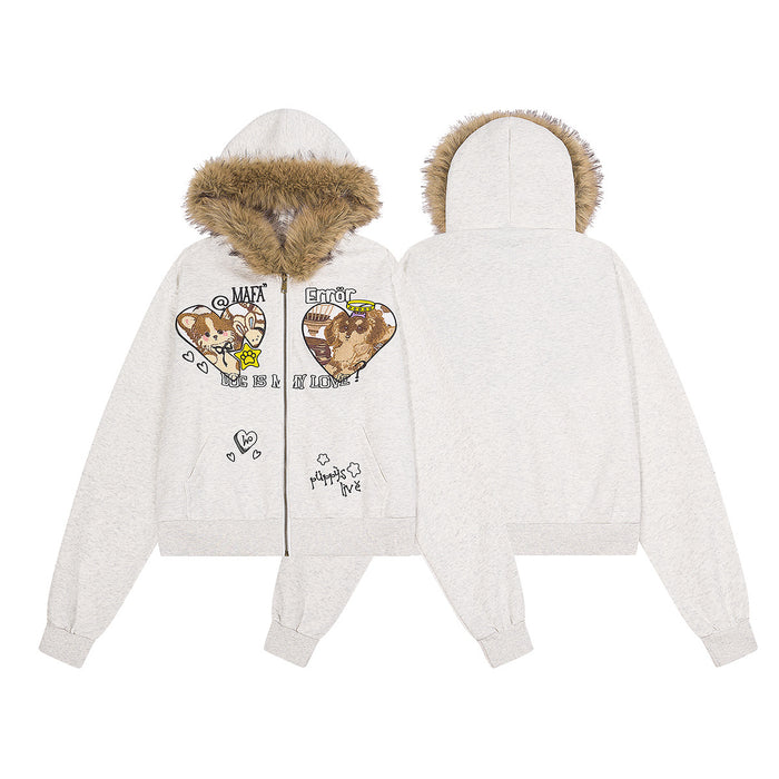 Light gray cropped zip-up hoodie shown front and back, with brown faux fur hood trim and front puppy graphics