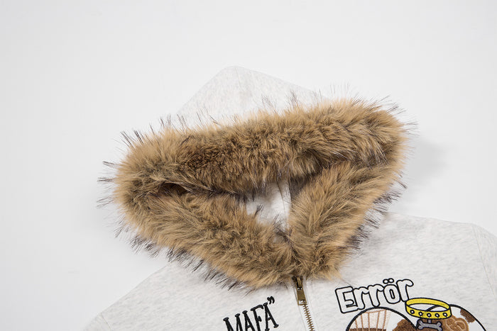 Close-up of the brown faux fur trim surrounding the light gray hoodie opening