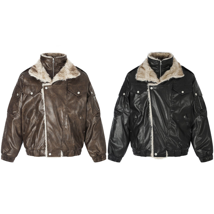 Brown and black faux leather bomber jackets with cream fur collars and ribbed cuffs shown from the front