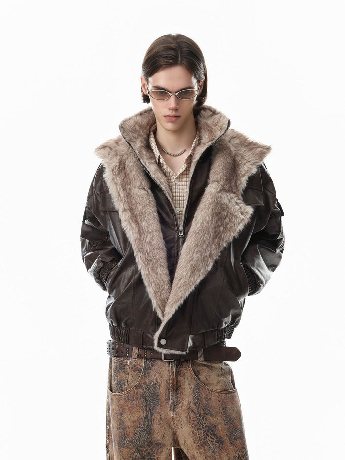 Model wearing an open brown faux leather bomber jacket with a wide cream fur collar and lining