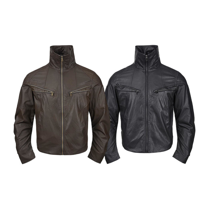 Brown and black faux leather moto jackets shown side by side from the front with high collars and zip pockets