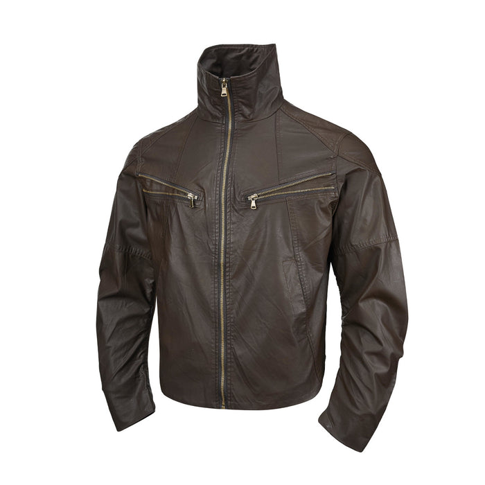 Brown faux leather moto jacket front view with a high collar, center zipper, stitched panels, and two chest zip pockets