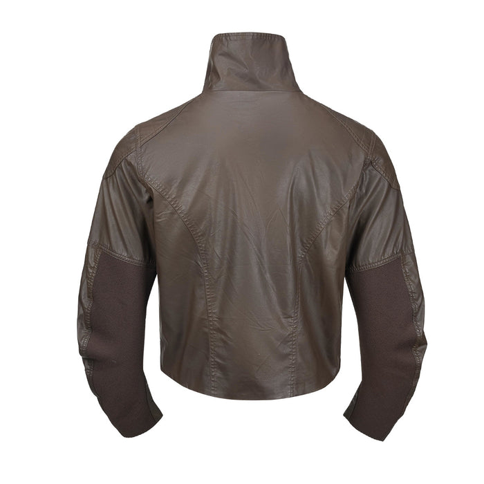 Brown faux leather moto jacket back view showing stitched shoulder panels and textured dark sleeve sections