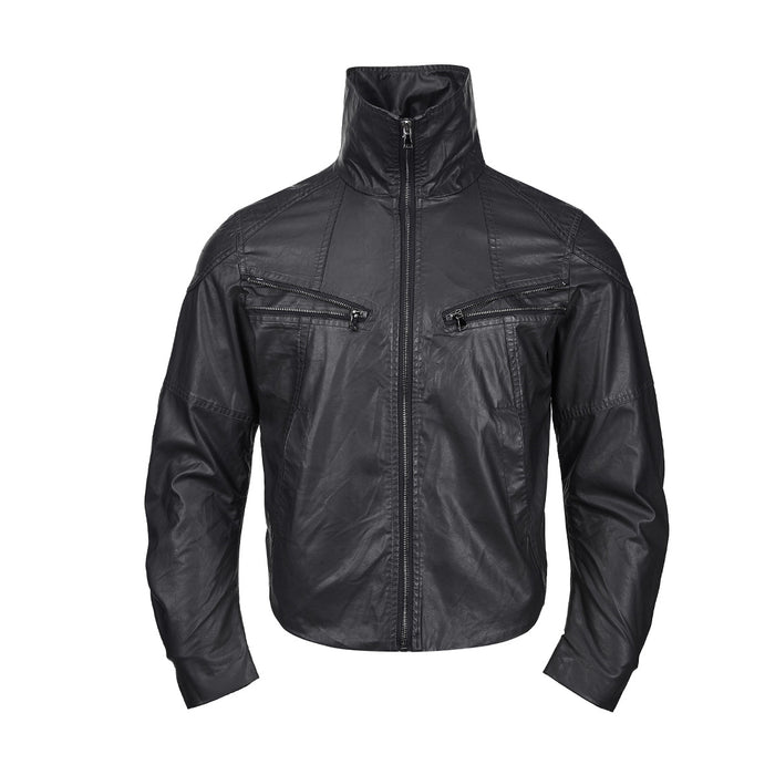 Black faux leather moto jacket front view with a high collar, center zipper, stitched panels, and chest zip pockets