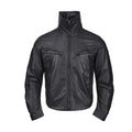 Black faux leather moto jacket front view with a high collar, center zipper, stitched panels, and chest zip pockets