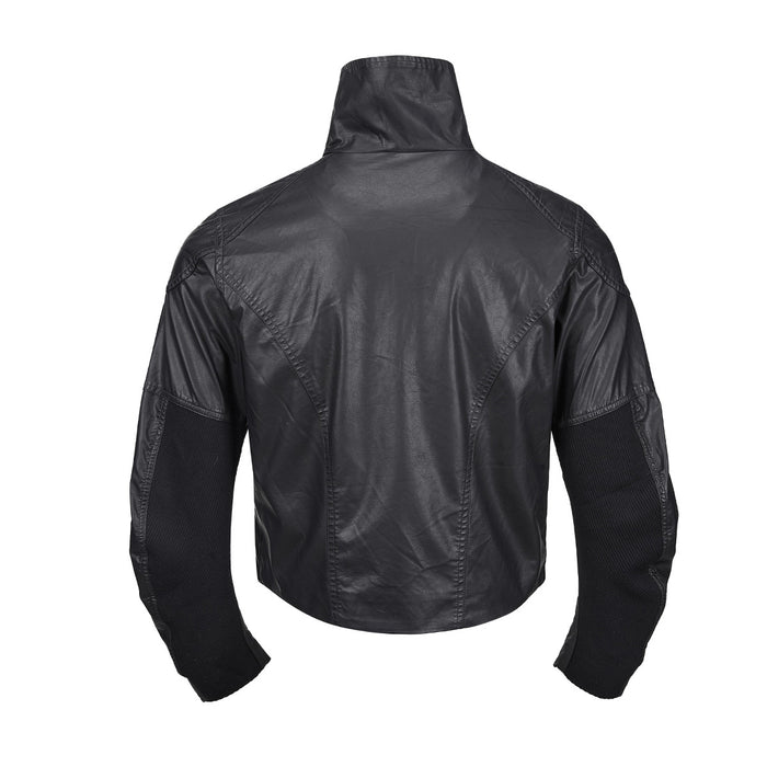 Black faux leather moto jacket back view showing stitched shoulder panels and textured dark sleeve sections