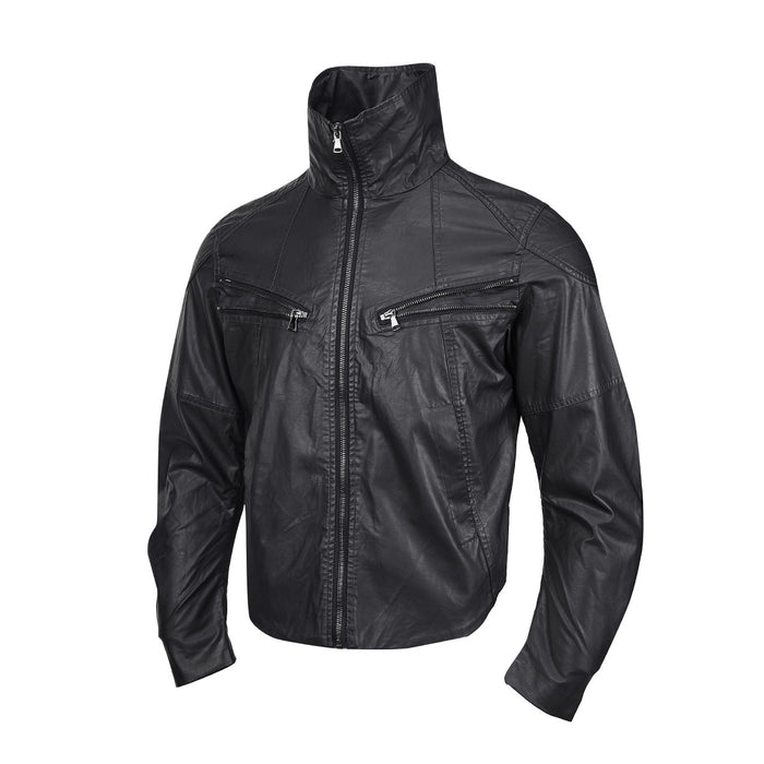 Black faux leather moto jacket shown from an angled front view with a high collar and diagonal chest zippers