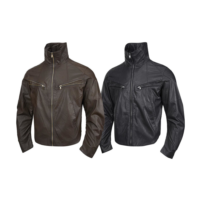 Brown and black faux leather moto jackets shown side by side from the front with high collars and zip pockets