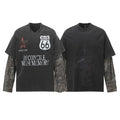 Washed black faux two-piece long sleeve tee with distressed camouflage sleeves and Route 66 graphic print, front and back vie