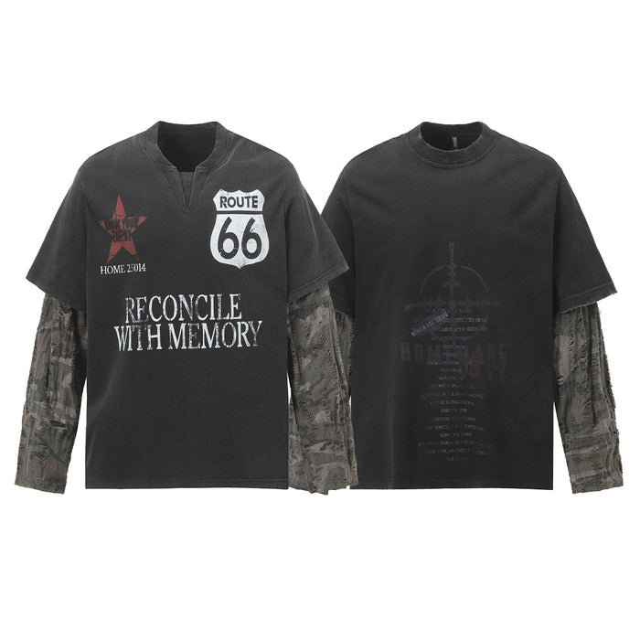 Washed black faux two-piece long sleeve tee with distressed camouflage sleeves and Route 66 graphic print, front and back vie
