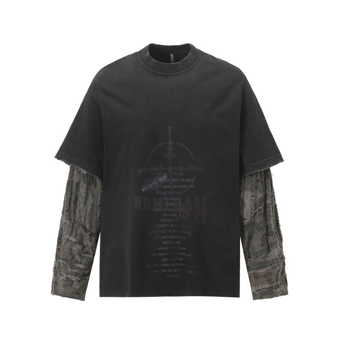 Washed black two-piece tee with subtle front graphic and distressed gray camouflage-style long sleeves