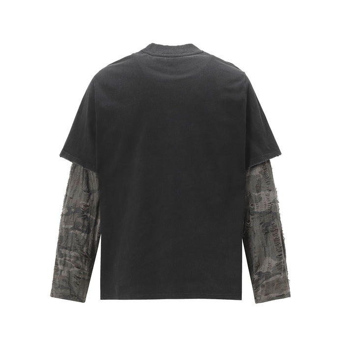 Back view of a washed black two-piece tee with distressed gray patterned long sleeves