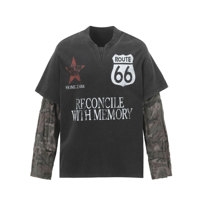 Front view of a black layered tee with Route 66 patch, star graphic, and distressed gray patterned sleeves