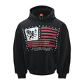 Black pullover hoodie front with an eagle, red striped flag graphic, white stars, and oversized fit