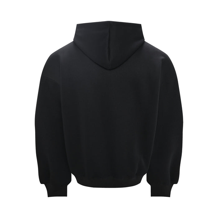 Back view of a plain black pullover hoodie showing the hood, sleeves, and ribbed cuffs