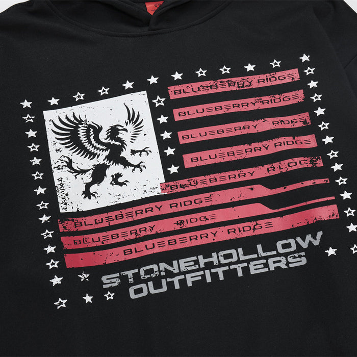 Close-up of the hoodie chest graphic featuring an eagle, red stripes, white stars, and white lettering