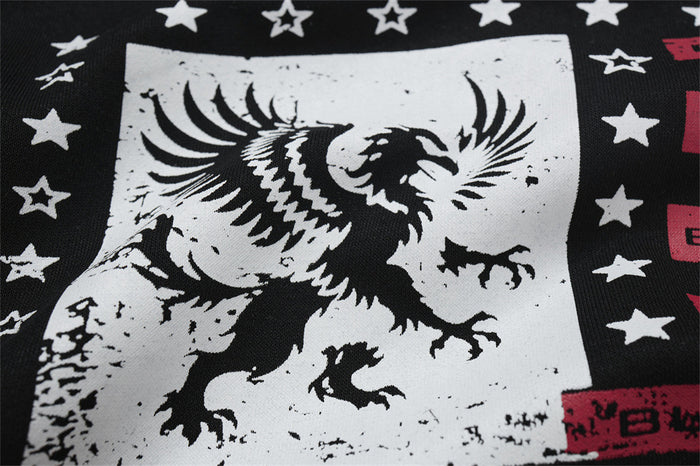 Close-up of the distressed black-and-white eagle graphic surrounded by star details on the hoodie