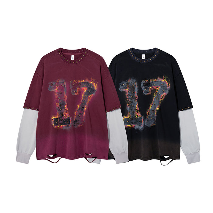 Burgundy and black long sleeve shirts with white faux undersleeves, studded trim, flame-style 17 graphics and distressed hems