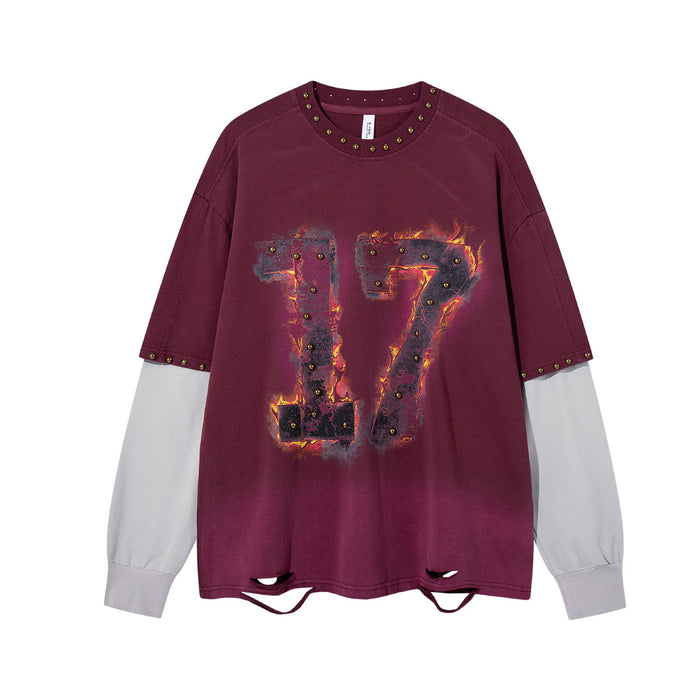 Oversized washed burgundy long sleeve shirt with flame number 17 graphic, gold studs on neckline, contrast grey faux inner sl