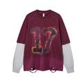 Oversized washed burgundy long sleeve shirt with flame number 17 graphic, gold studs on neckline, contrast grey faux inner sl
