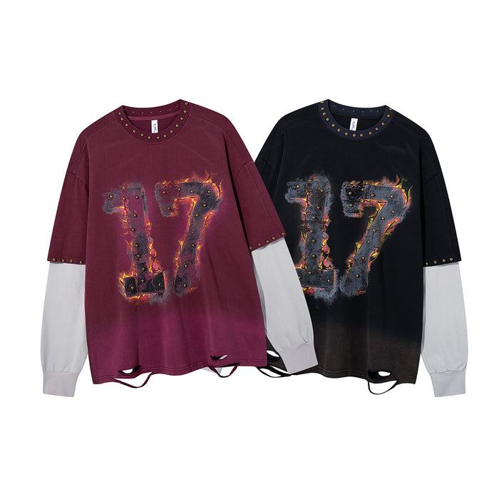 Burgundy and black studded long sleeve shirts shown together from the front with white sleeves and distressed hems
