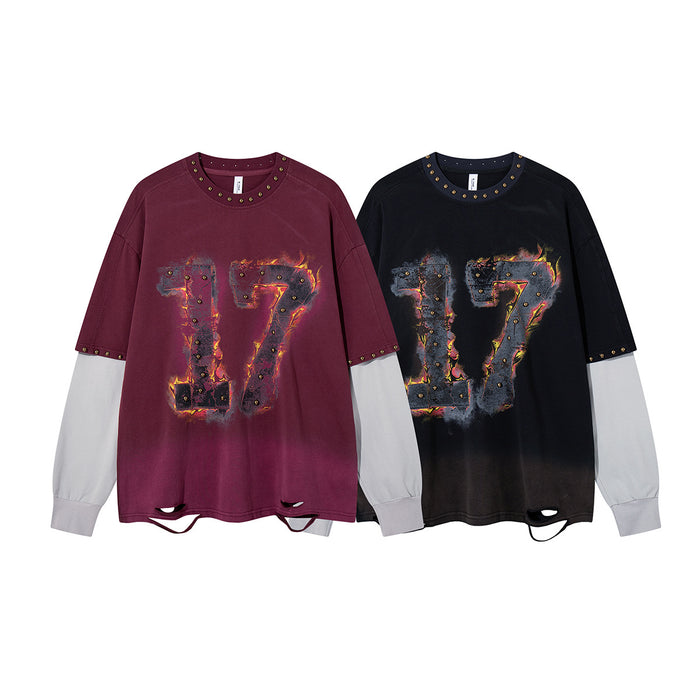 Front view of burgundy and black faux two-piece shirts with white long sleeves, studded trim and flame-style 17 graphics