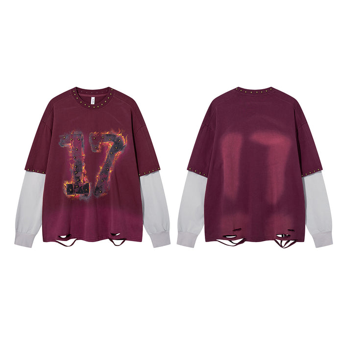 Burgundy shirt shown front and back, featuring white sleeves, studded trim, a flame-style 17 graphic and distressed hem