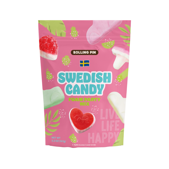 Foam Party Mix Gummy Swedish Candy, front of the 5.2 oz bag