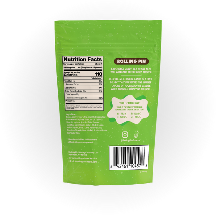 Back of the Freeze Dried Sour Frosty Rainbow bag with nutrition facts and ingredients