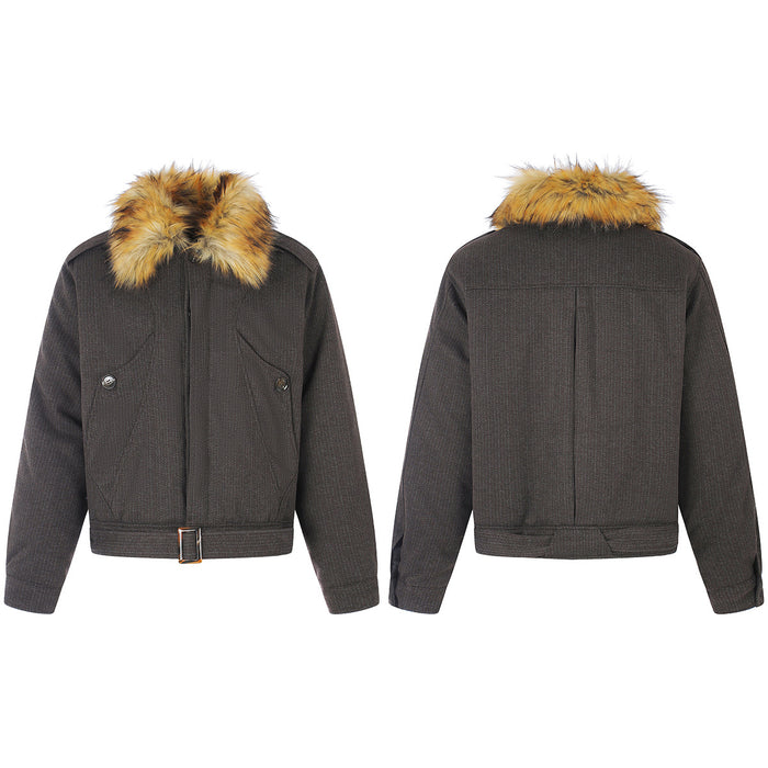 Dark brown quilted bomber jacket shown from the front and back with a tan fur collar and buckled hem