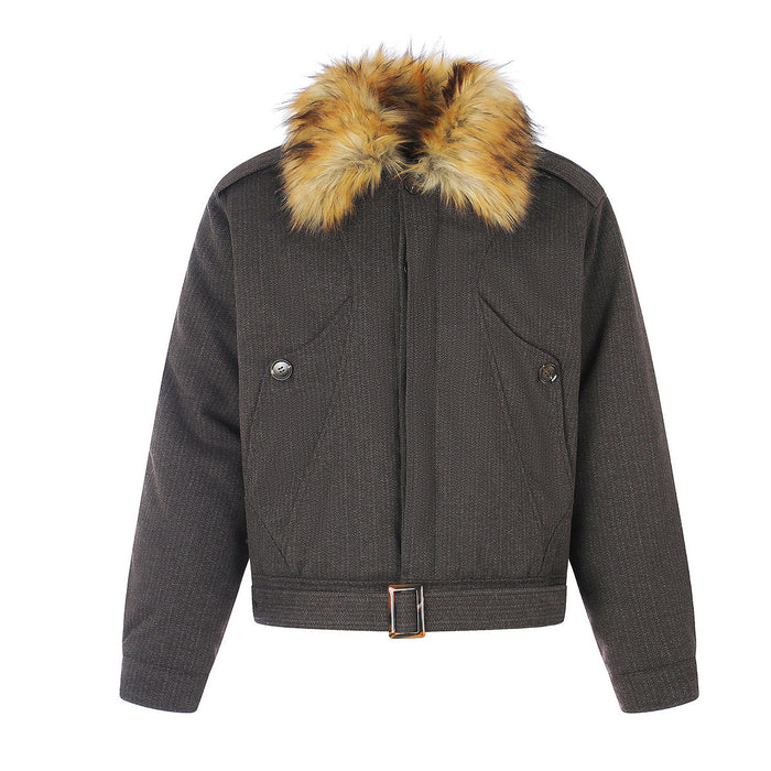 Front view of a dark brown padded bomber jacket with tan fur collar, buttoned pockets, and buckled hem