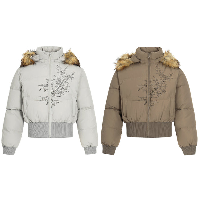 Front view of cropped hooded puffer jackets in light gray and taupe with fur-trimmed hoods and thorn embroidery