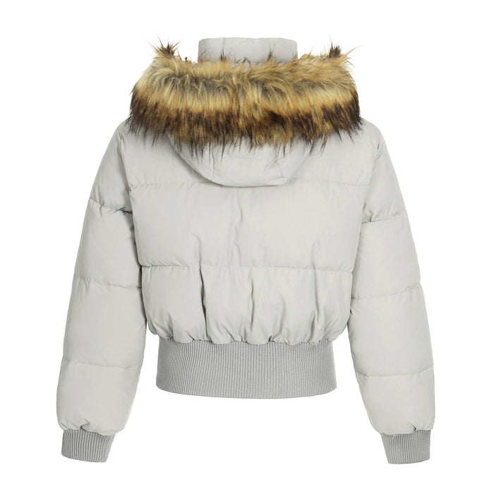 Back view of a light gray cropped puffer jacket showing the hood, fur trim, and ribbed hem