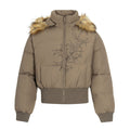 Front view of a taupe cropped puffer jacket with fur-trimmed hood, ribbed cuffs, and thorn embroidery
