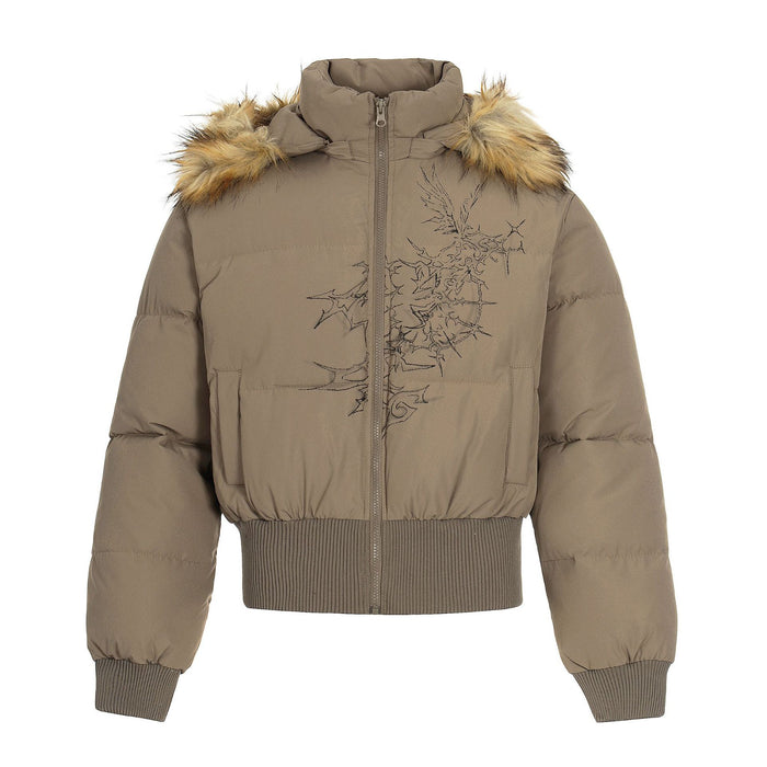 Front view of a taupe cropped puffer jacket with fur-trimmed hood, ribbed cuffs, and thorn embroidery